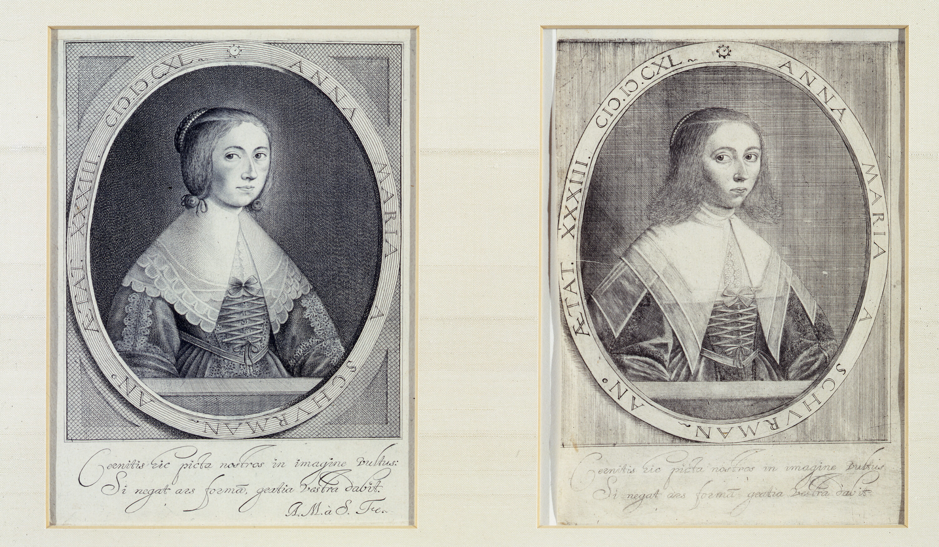 Two historical self-portraits, one done by etching and one by drypoint. In both the woman looks to be in 17th-century clothing. Text surrounds the portraits and cursive writing is below both.