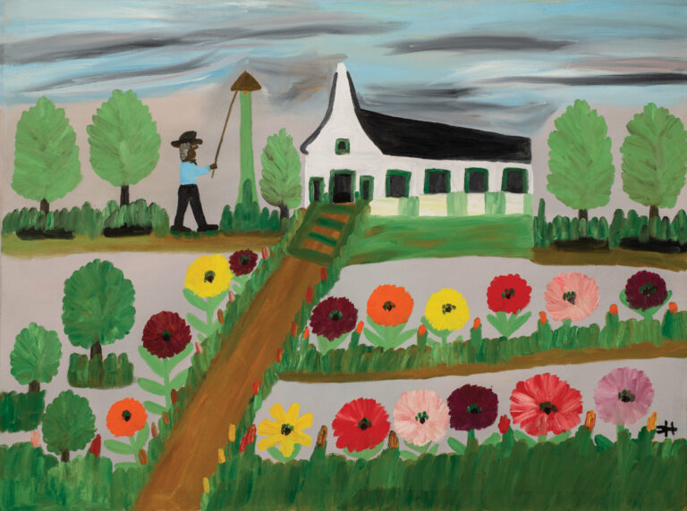 A painting in a folk or simple style features a dark-skinned person with a black hat ringing a bell in front of a white church with a black roof. The church is surrounded by greenery, and on either side of a brown path leading out of the church are vibrant yellow, red, pink, and orange flowers.