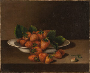 A realistic rendering of a bowl of strawberries with green leaves and yellowing stems overflowing onto the wooden table beneath. To the right, there are two small berries not yet ripe.