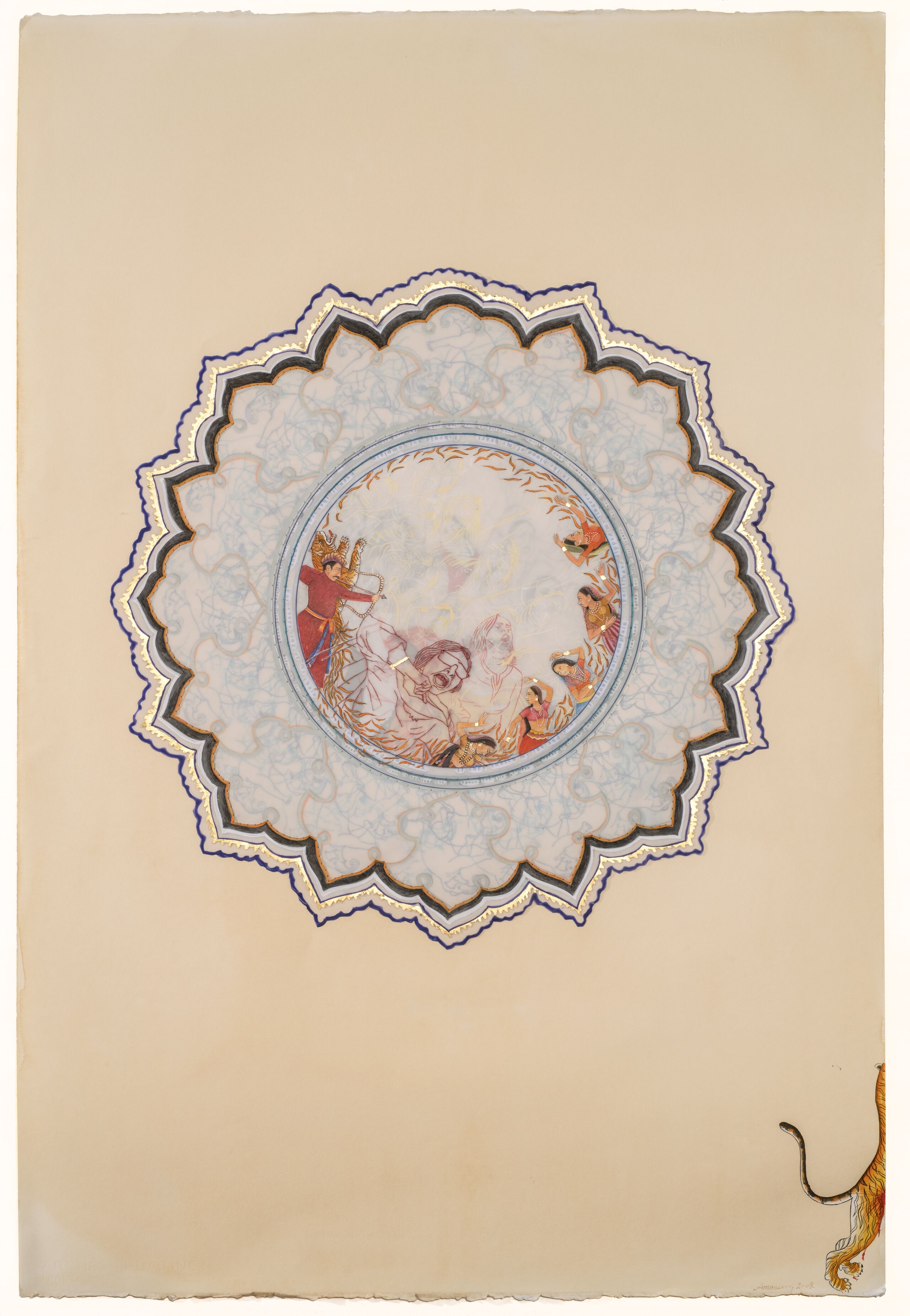 A work on tan paper features an image framed within an intricate shape in light blue, black, and gold. In the center, a circular opening like a camera viewfinder shows images of several screaming women drawn in precise outlines. They appear alongside a man with a bow and arrow and women in traditional South Asian attire. In the bottom right corner, the rear end of a tiger is visible as it walks off the page.