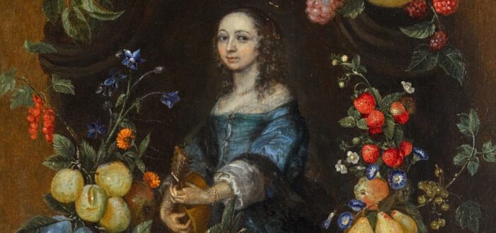 A portrait of a woman in historical dress surrounded by a garland of fruit and flowers. She is playing a guitar.