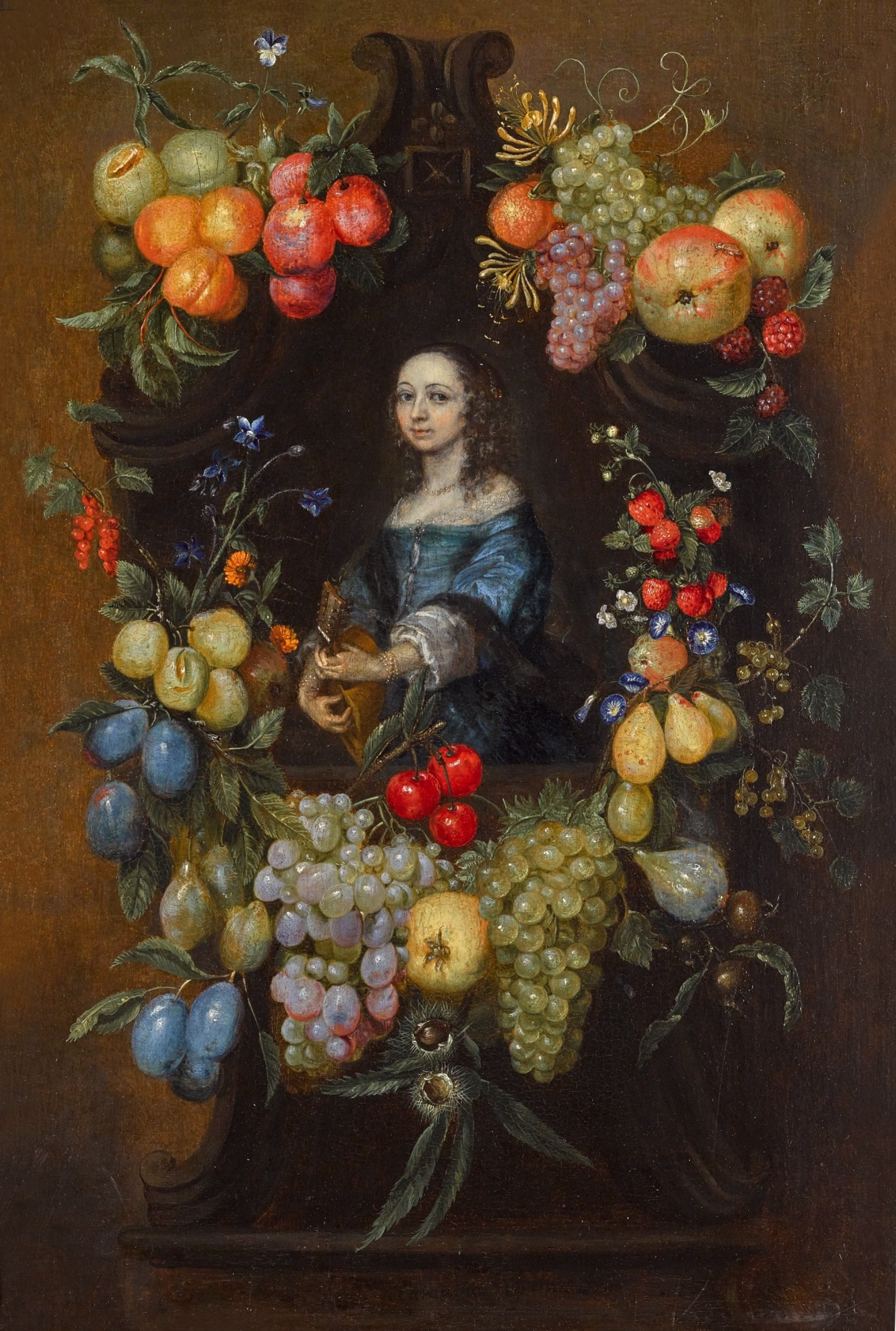 A portrait of a woman in historical dress surrounded by a garland of fruit and flowers. She is playing a guitar.