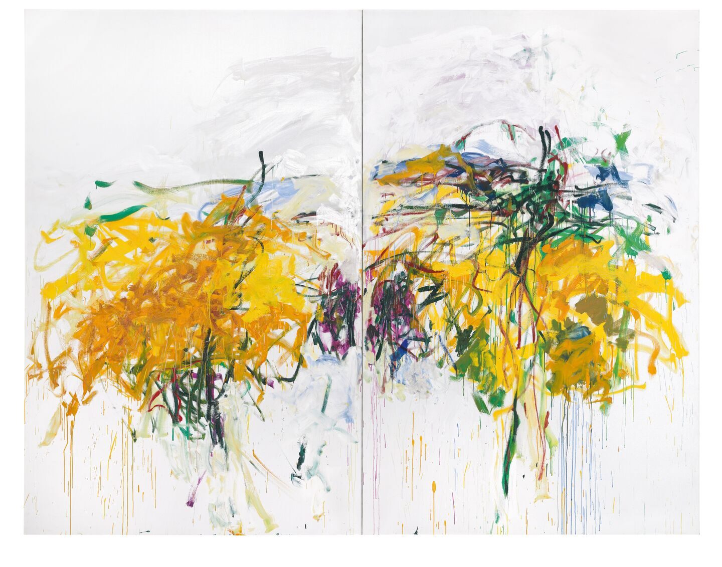An image of an abstract painting featuring bold brushstrokes and drips of varying thickness in shades of yellow, green, purple, and blue against a white background. The painting is a diptych, with brushstrokes across two canvases.