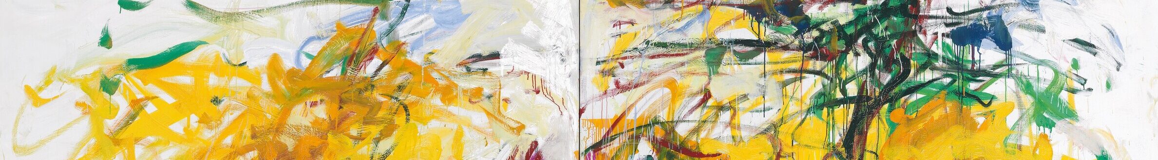 An image of an abstract painting featuring bold brushstrokes and drips of varying thickness in shades of yellow, green, purple, and blue against a white background. The painting is a diptych, with brushstrokes across two canvases. MUST CONTACT HANNAH SHAMBROOM FOR EXTERNAL USAGE PERMISSION