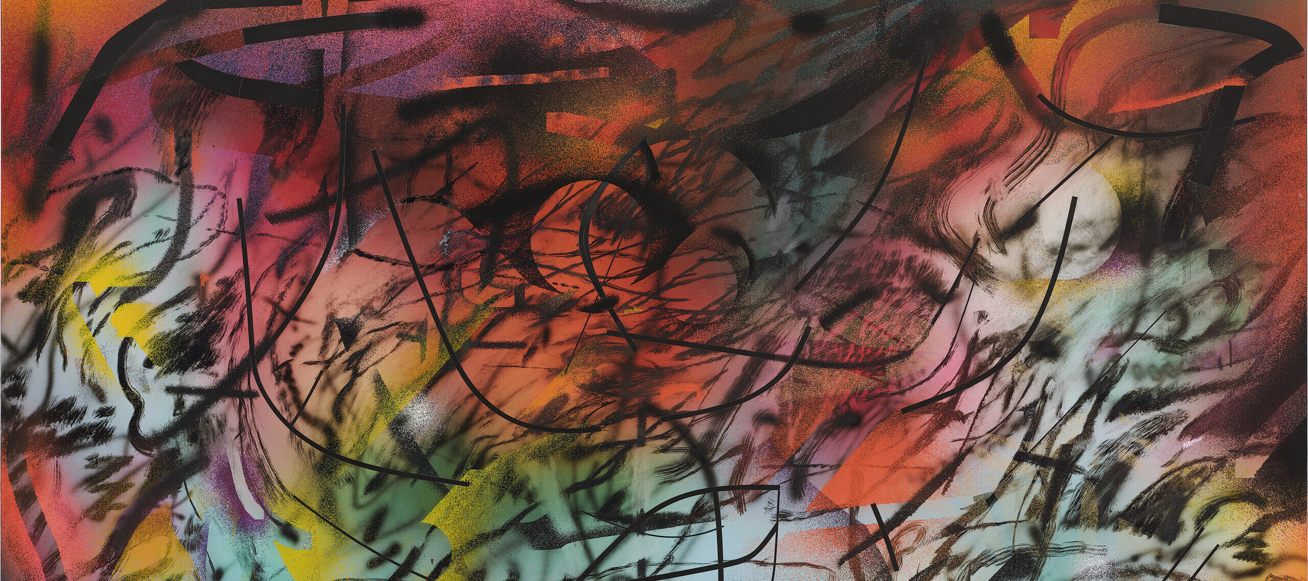 An image of an abstract painting featuring layers of colorful ink in shades of red, orange, purple, yellow, and blue, overlaid with black curving lines. MUST CONTACT HANNAH SHAMBROOM FOR EXTERNAL USAGE PERMISSION