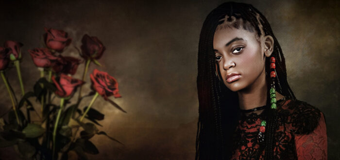 A seated girl with dark skin tone wears red and green and holds a watermelon. A vase of flowers is on a table to the left.