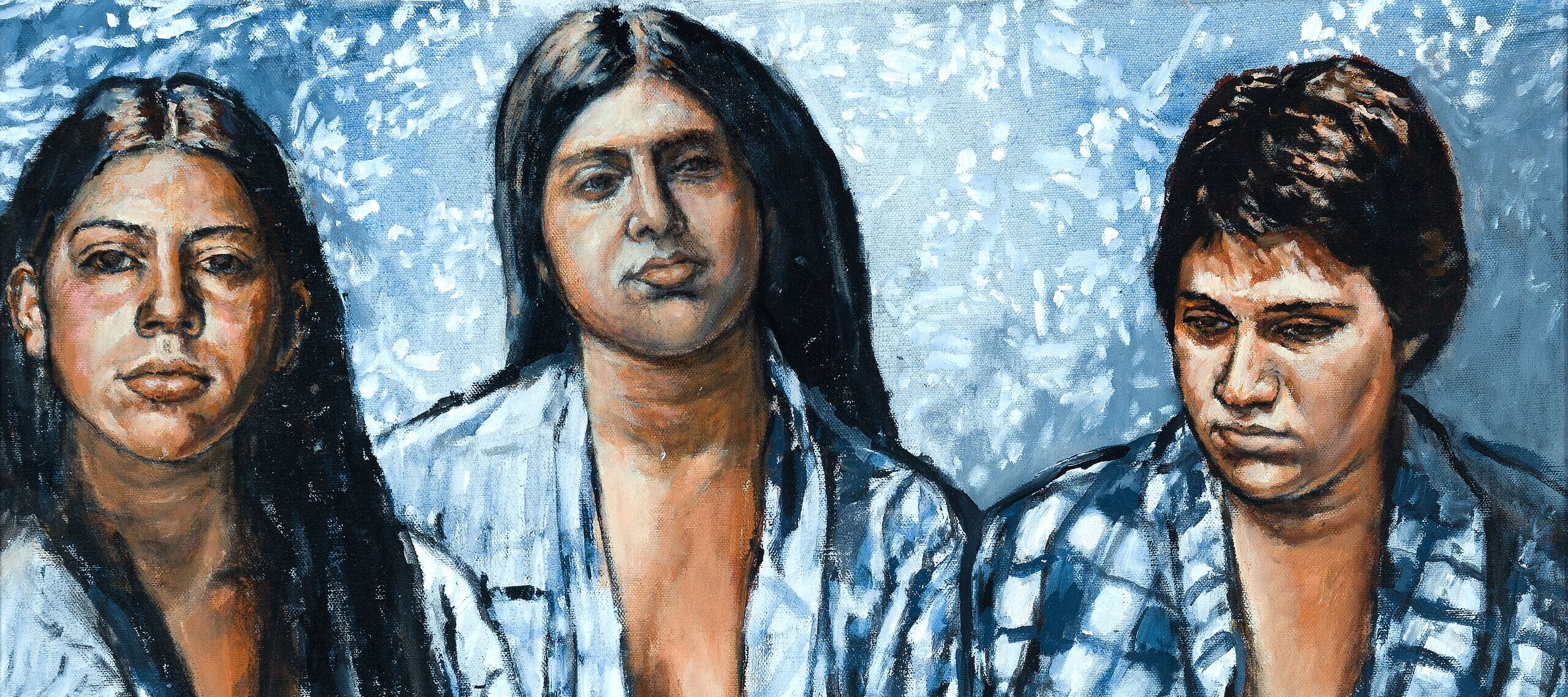 Three women with dark hair and solemn expressions stand side by side, wearing loosely draped, patterned robes against a blue, abstract background. The painting uses textured brushstrokes and cool tones.