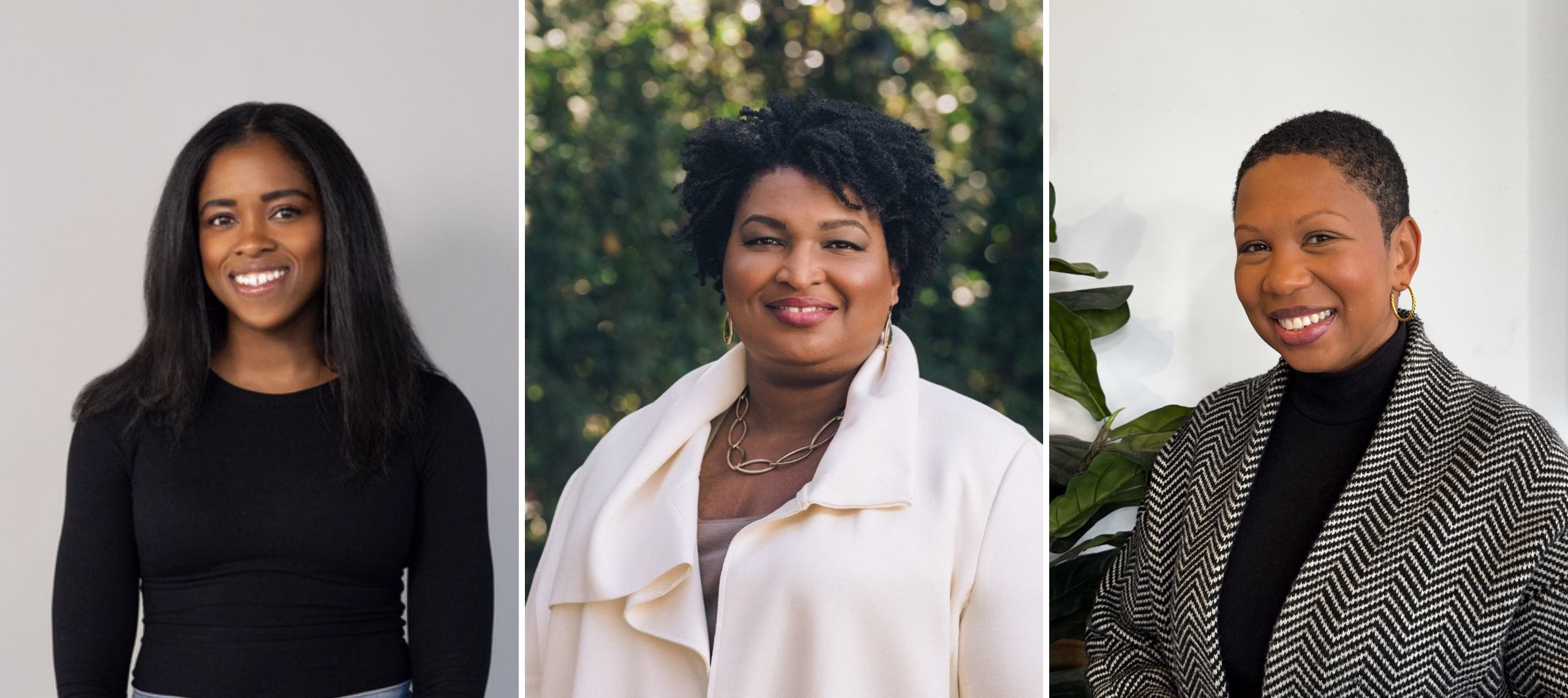 Three women are shown in separate photos, each smiling at the camera. One wears a black long-sleeve top, another wears a white coat, and the third wears a herringbone-patterned blazer. The images appear to be taken in a mix of indoor and outdoor settings.