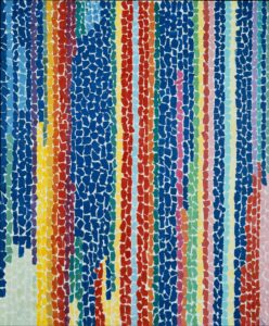 Abstract painting composed of brightly colored, lozenge-shaped brushstrokes cascading vertically. It is as if the painting were collaged out of torn pieces of paper, with the white of the canvas showing through.