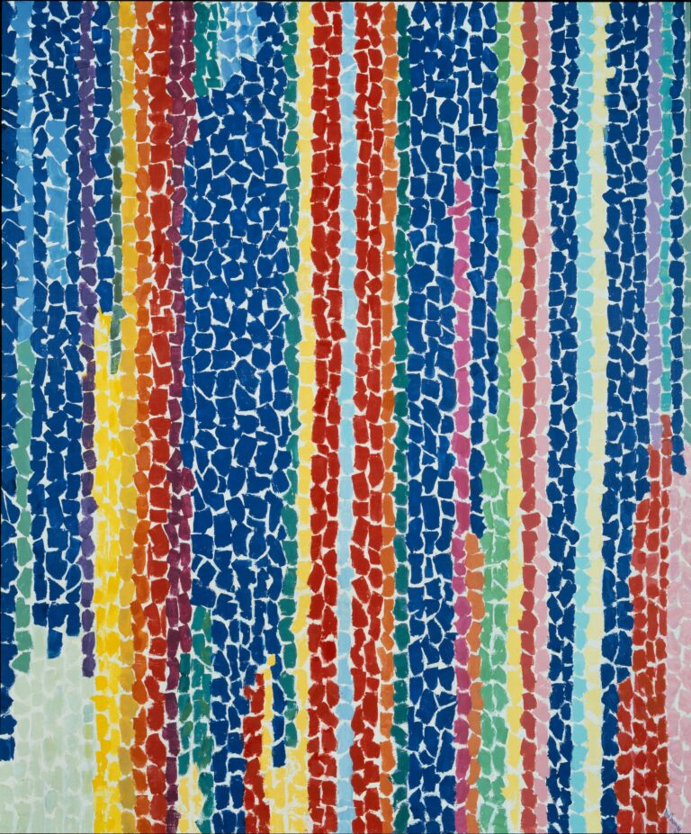 Abstract painting composed of brightly colored, lozenge-shaped brushstrokes cascading vertically. It is as if the painting were collaged out of torn pieces of paper, with the white of the canvas showing through.