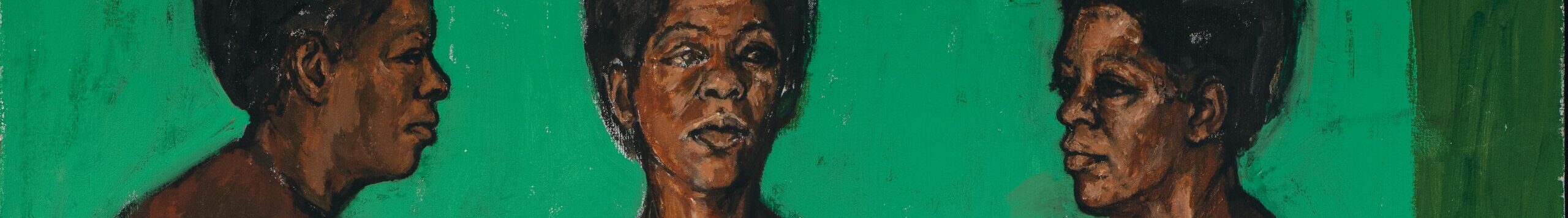 A painting of a nude Black woman with dark skin and short black hair depicted from three angles: left profile, frontal, and right profile.