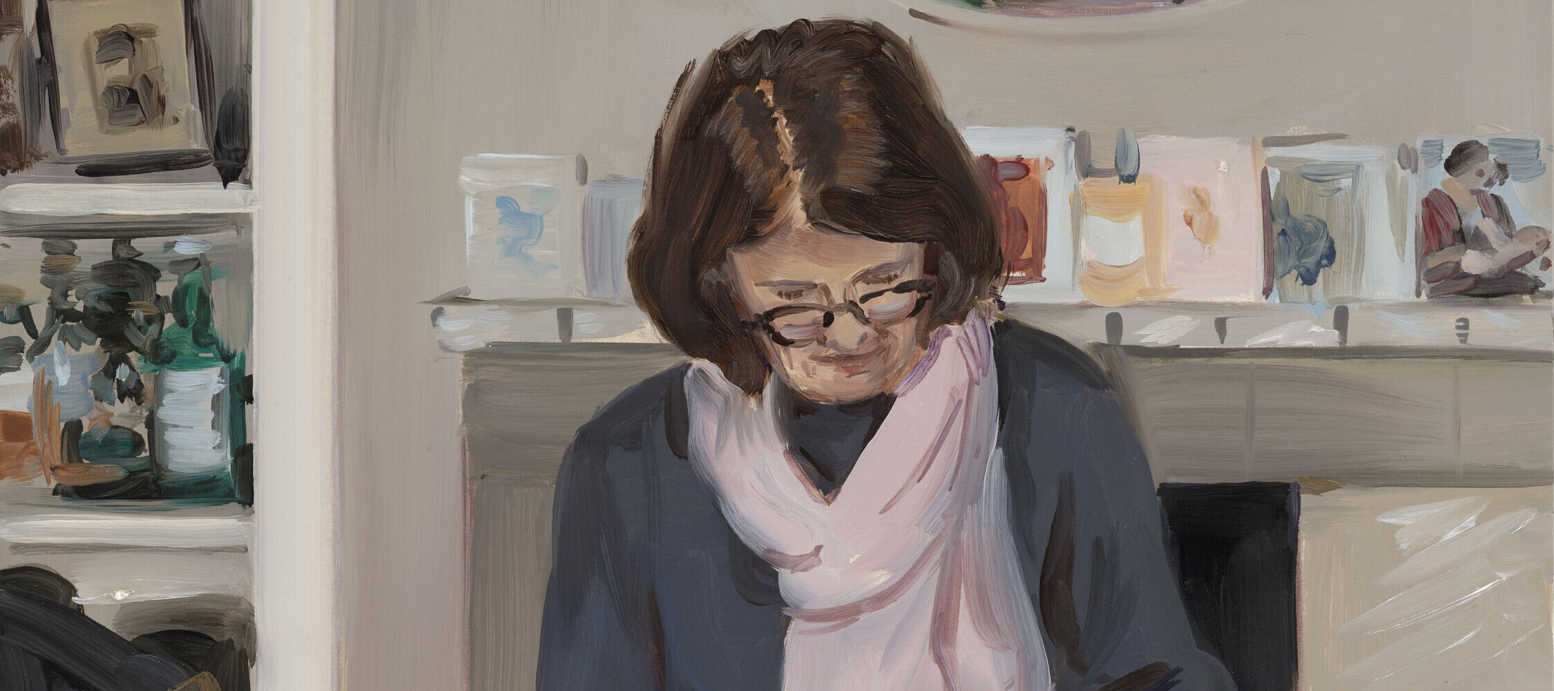 A painting of a woman with brown hair inside a home. She stands over a table, where an unclothed infant lies on a small, white, baby scale. The woman holds a diaper and looks down at the infant. In the background there is a fireplace, mantle, and mirror.