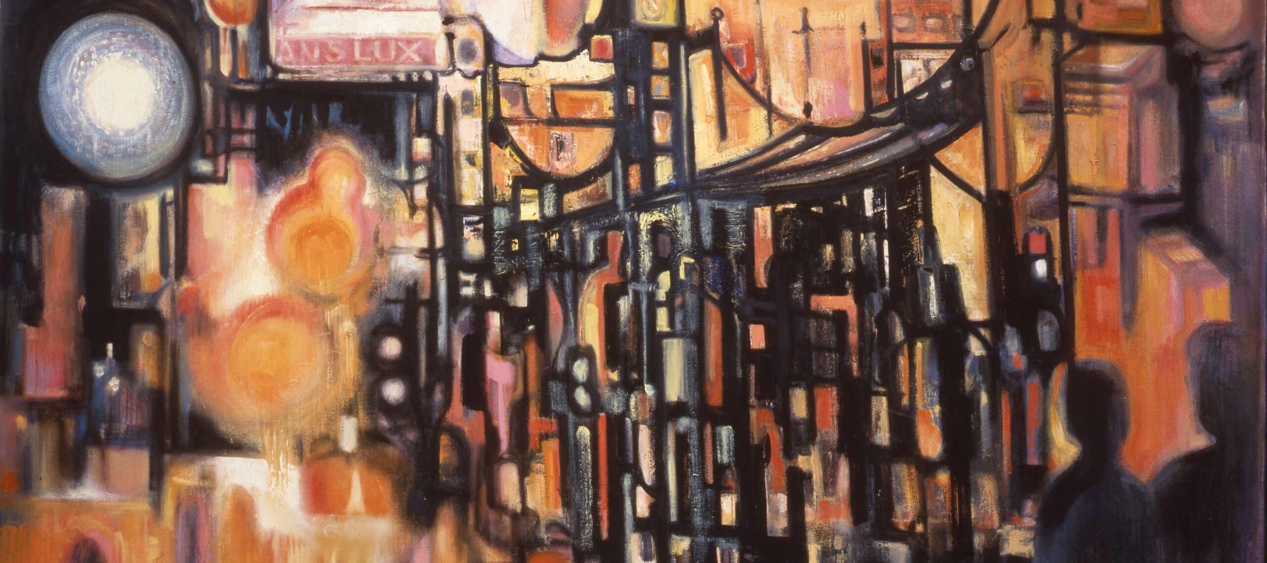 Heavy black lines along with circles and ovals rendered in hot hues of orange and yellow evoke urban architecture and the glare of streetlights in an abstract painting. Two shadowy figures occupy the lower right, and legible signs include “Translux,” “St. H NW,” and “Casino.”