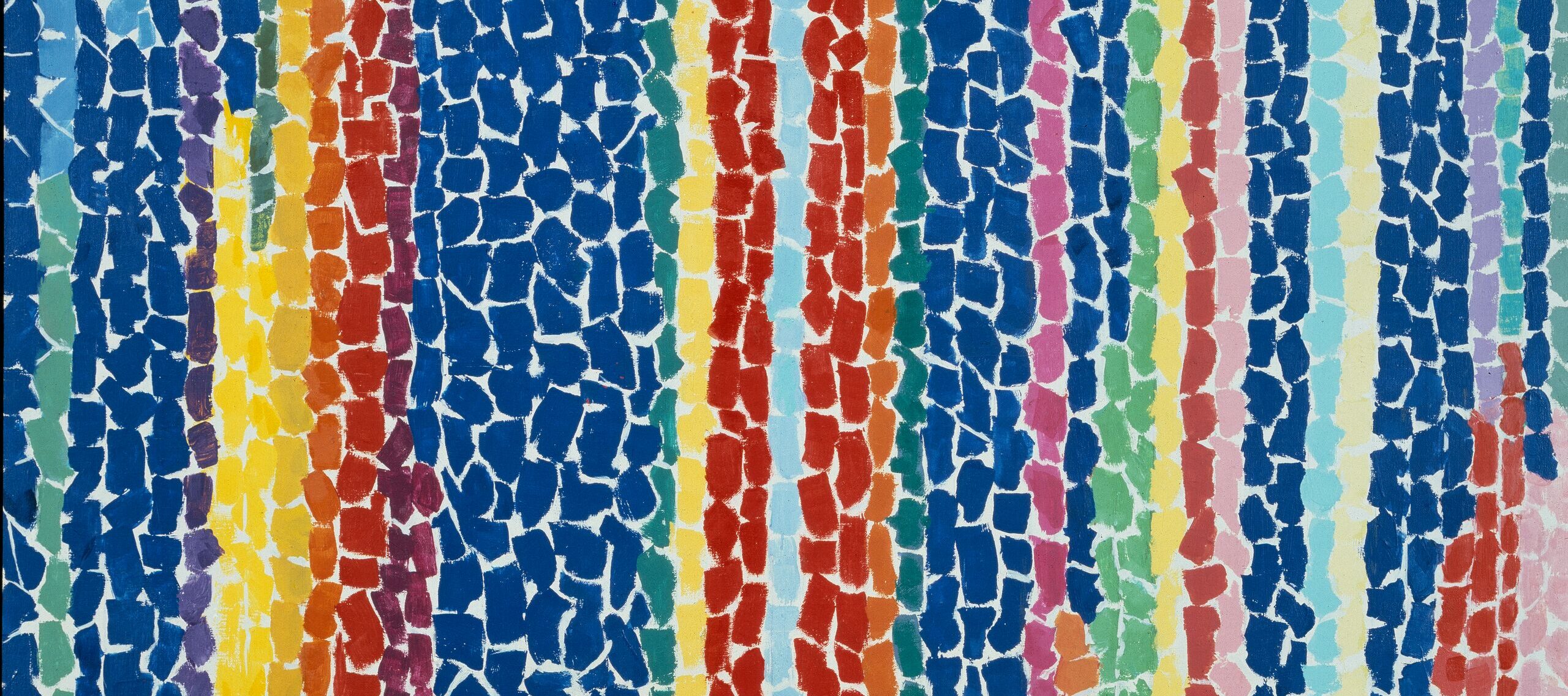 Abstract painting composed of brightly colored, lozenge-shaped brushstrokes cascading vertically. It is as if the painting were collaged out of torn pieces of paper, with the white of the canvas showing through.