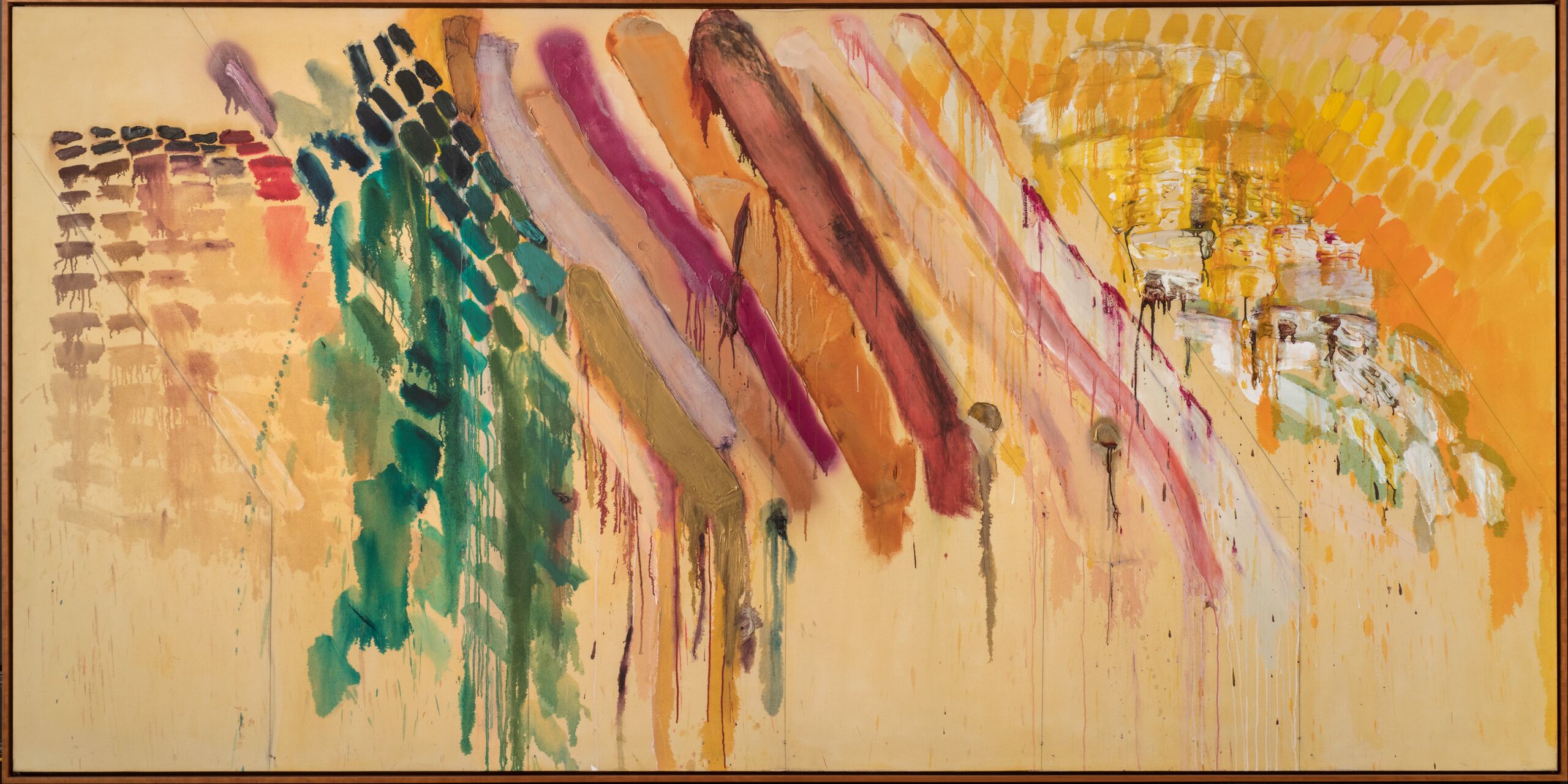 A horizontal painting on yellow-beige canvas has an abstract composition featuring short brushstrokes in violet, yellow, purple, red, and green on the left; long violet, ocher, and orange brushstrokes in the middle; and short yellow and orange brushstrokes on the right.