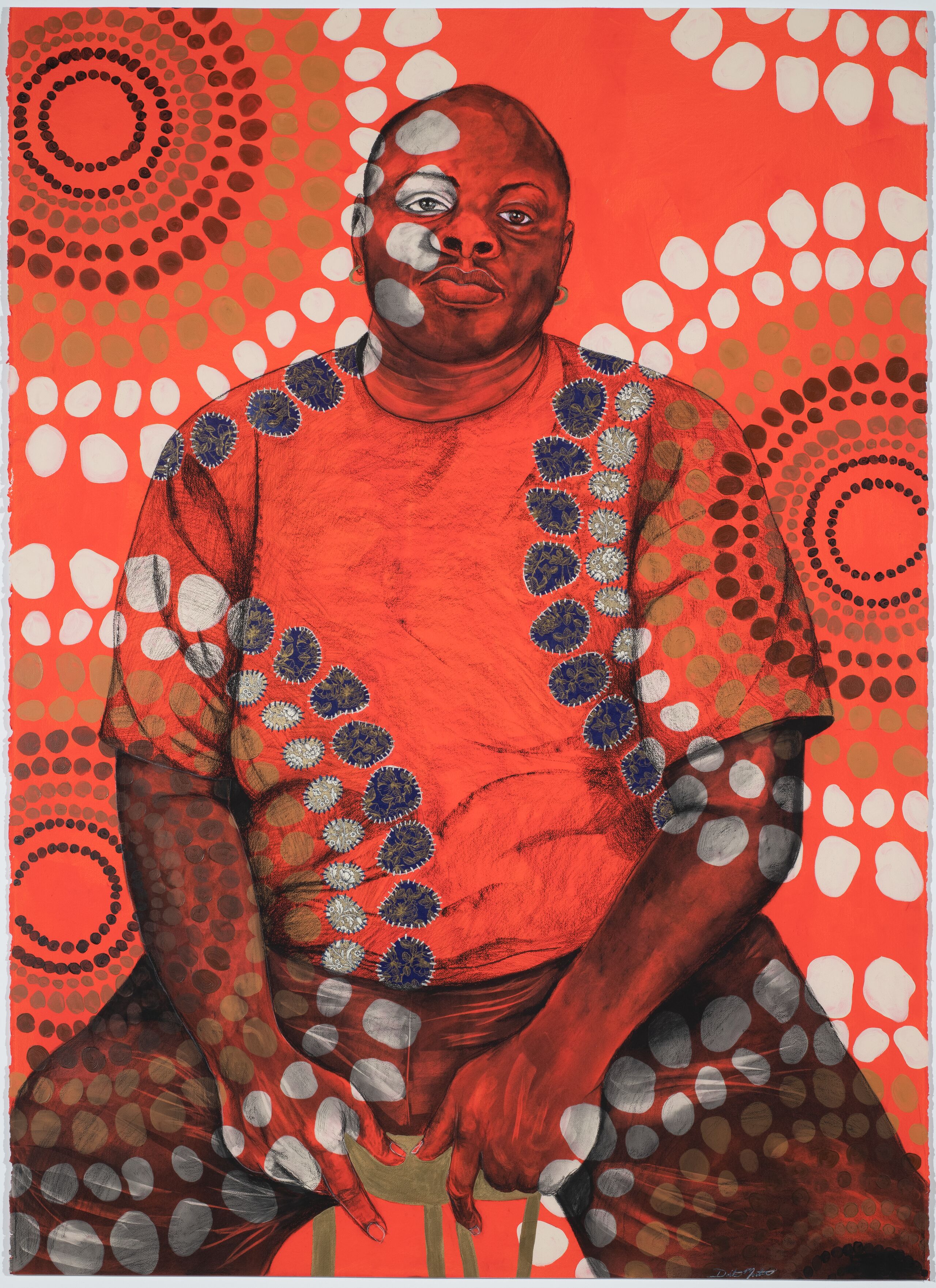 In this mixed-media painting, awash in bright orange, a seated, heavy-set, dark-skinned man stares confidently at the viewer. An overlaid pattern of white, blue, and brown circles covers him and the background.