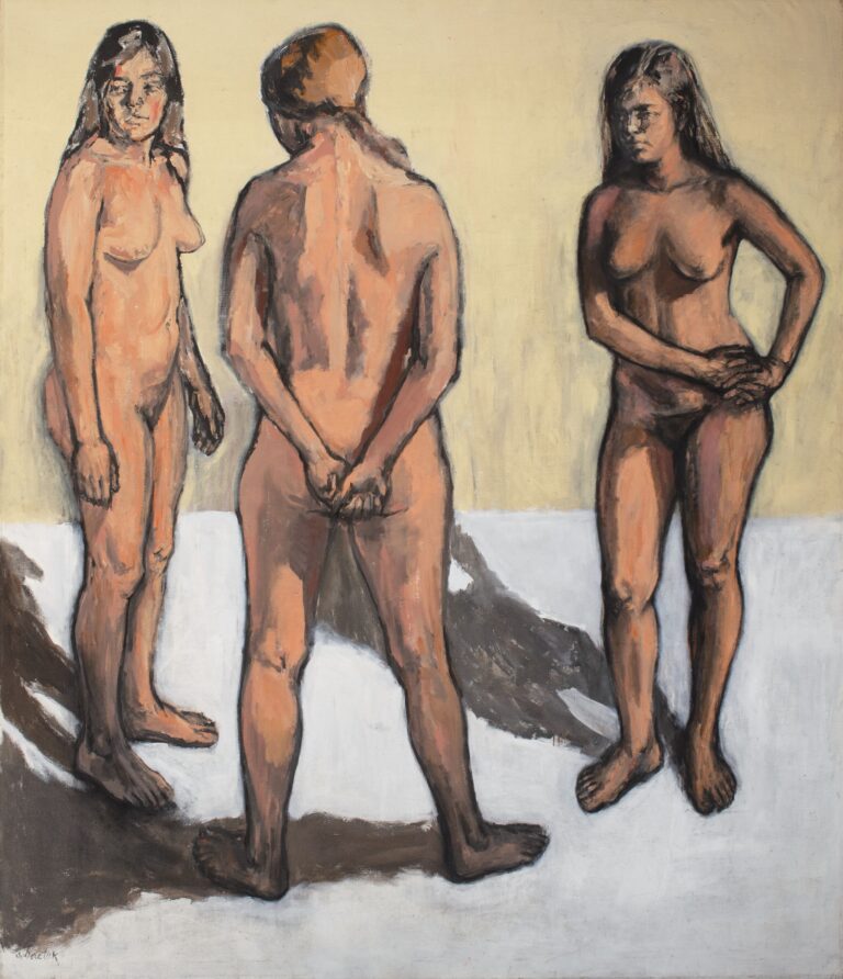A painting depicting three nude women with medium skin and long black hair standing in a circle. The women are rendered with bold outlines and stand against a neutral background, each in a different pose that highlights the human form.