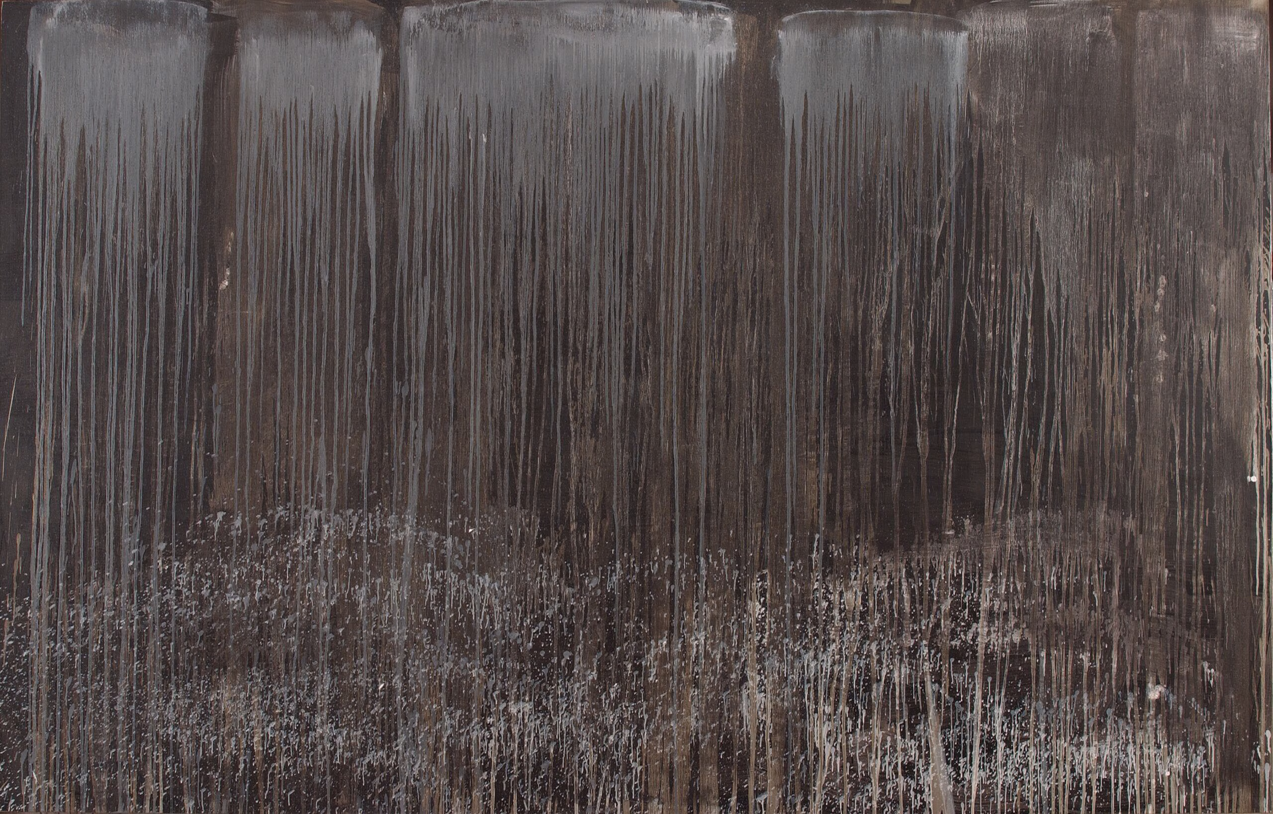 Abstract painting featuring a dark background with vertical streams of white paint cascading downward like a waterfall, with splashes and drips creating a soft, mist-like effect near the bottom.