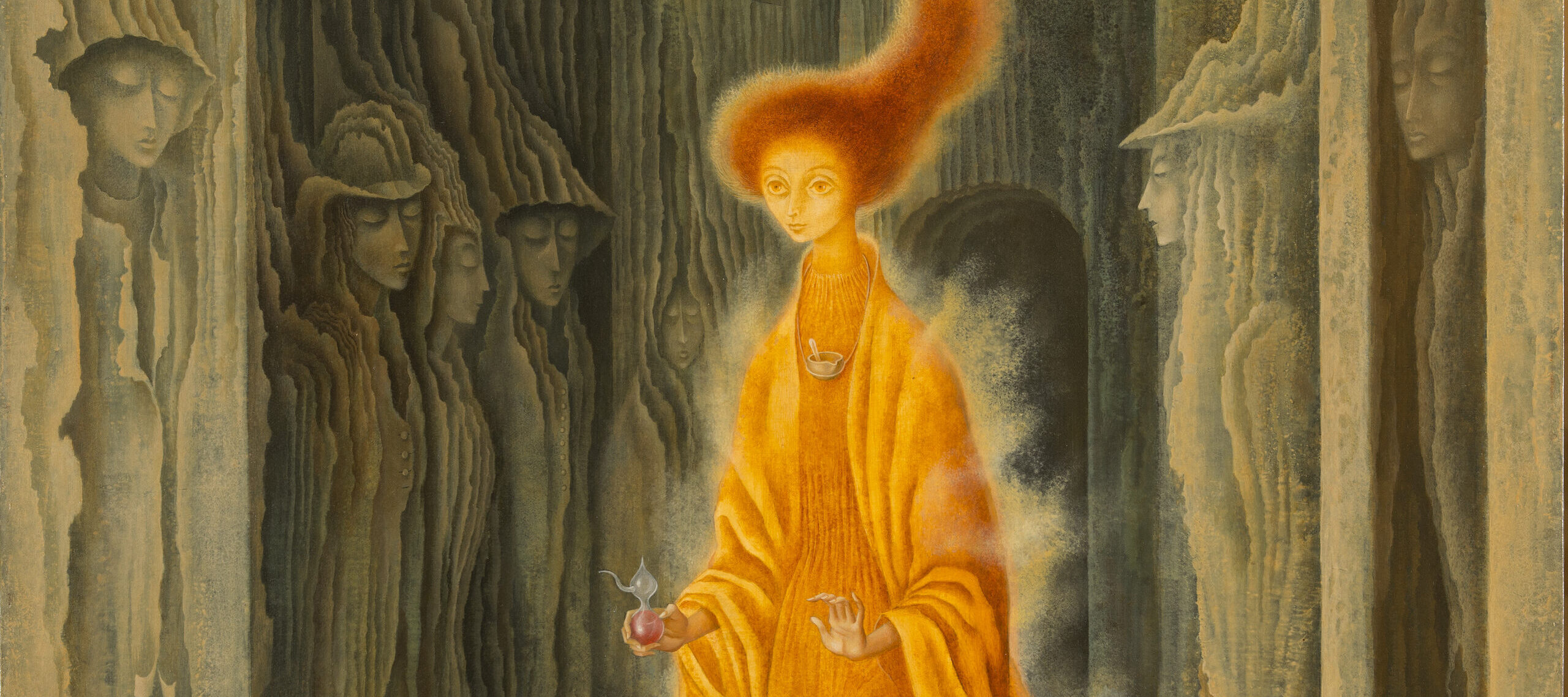 Remedios Varo, <em>La llamada (The Call)</em>, 1961; Oil on Masonite, 42 x 31 in.; National Museum of Women in the Arts, Gift from a private collection; © 2023 Remedios Varo/Artists Rights Society, New York/VEGAP, Madrid; Photo by Lee Stalsworth