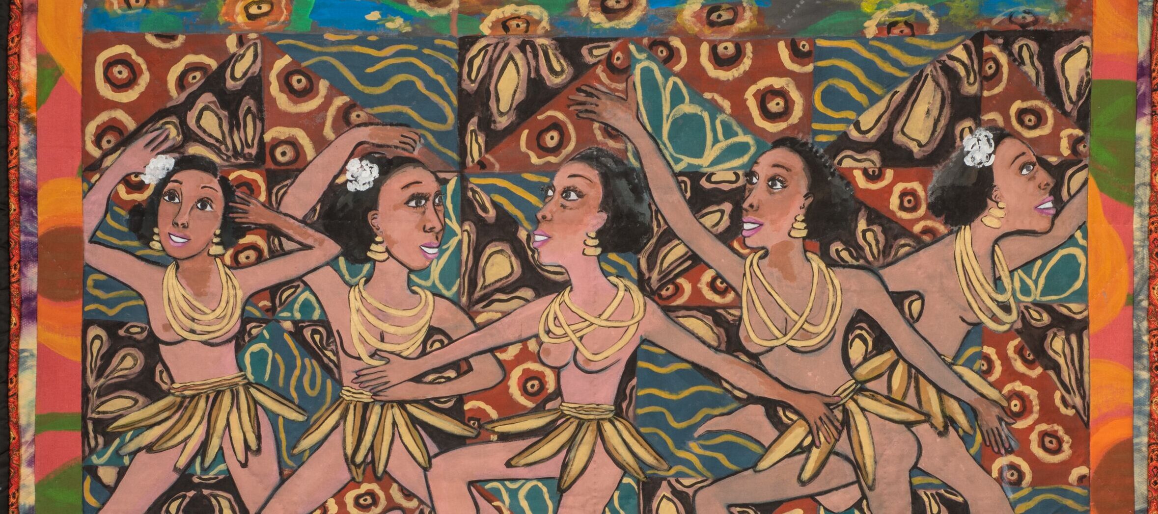 A colorful quilt depicts the same woman across its upper register five times: she has medium-dark skin tone and dances, bare-breasted and wearing a skirt with bananas hanging from her waist as well as a set of yellow necklaces. Below, medium-dark skinned and light-skinned men and women interact and play brass instruments. The quilt’s background features patterns in red, green, and yellow, and a border in shades of orange, blue, and black surrounds the work.
