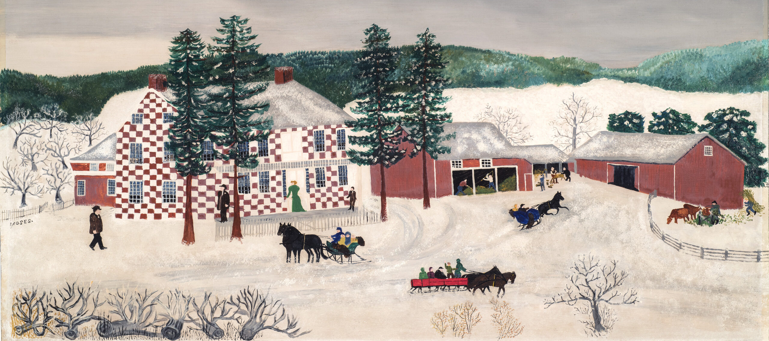 Idyllic landscape painted in a naive, folk style. The painting features a large house and red barns surrounded by white snow, bare and pine trees, and distant, green hills. Light-skinned people mill about, some working in barns, and many in horse-drawn sleds, under a gray sky.