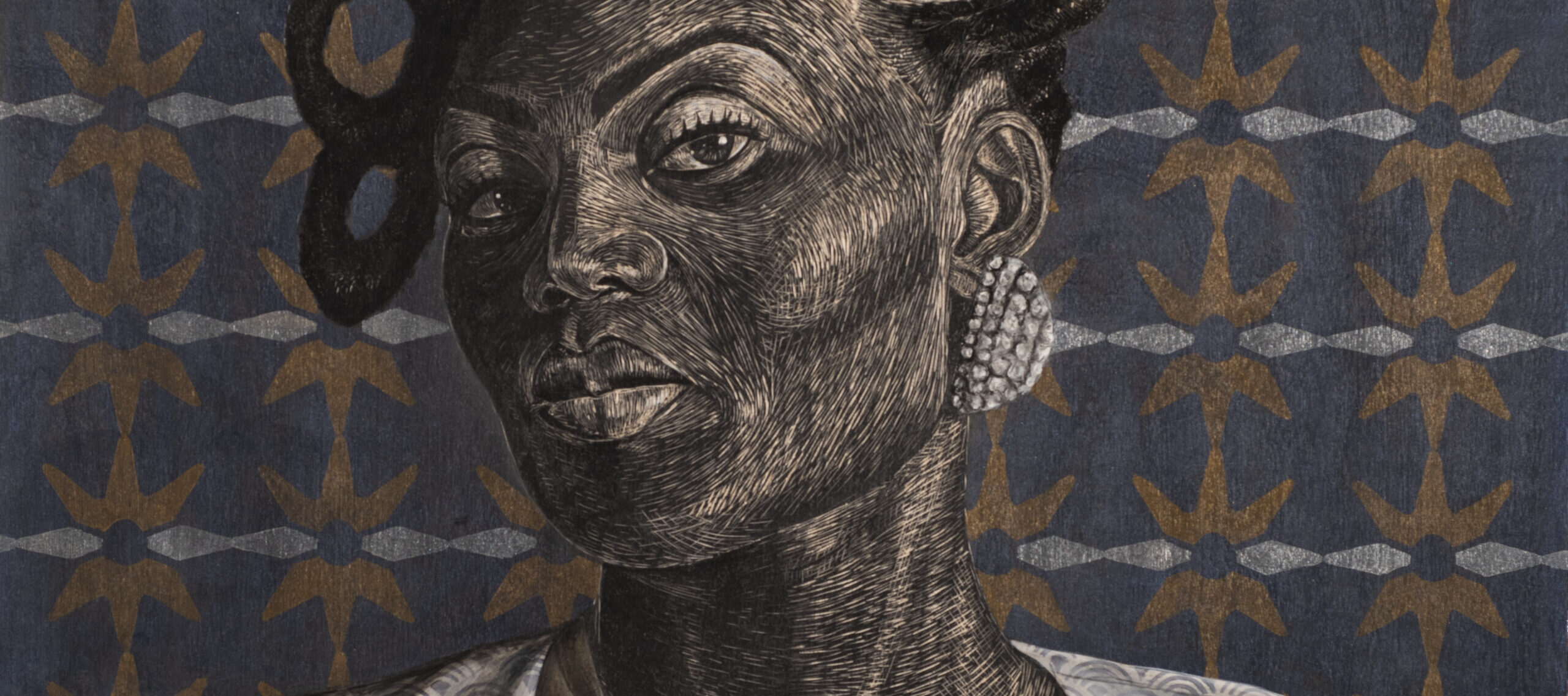 A portrait of a Black woman with an intricately styled updo wearing a patterned jacket and a shirt with a star design. The background features a repeating star pattern in shades of blue and gold.