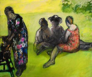 Four people are depicted outdoors on green grass; three are seated and talking, two in hats, while one person in a floral dress stands to the left, partially turned away. The scene is painted in vibrant, impressionistic colors.