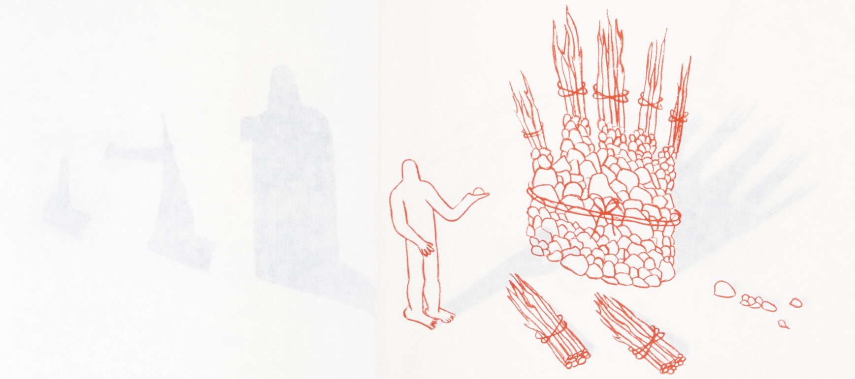 Photograph of an open book called Touching My Shadow. On the left page are three gray shapes, two with outstretched limbs. Reading left to right, these shapes evolve from geometric to more organic and get progressively larger. On the right page, a red outline depiction of human figure reaching out with an offering in their left hand toward a handlike structure made of five fingerlike bundles of sticks atop a pile of rocks. Additional sticks and rocks are scattered around. A gray shadow of the figure touches the constructed hand, and the hand's shadow stretches to the top right of the page.
