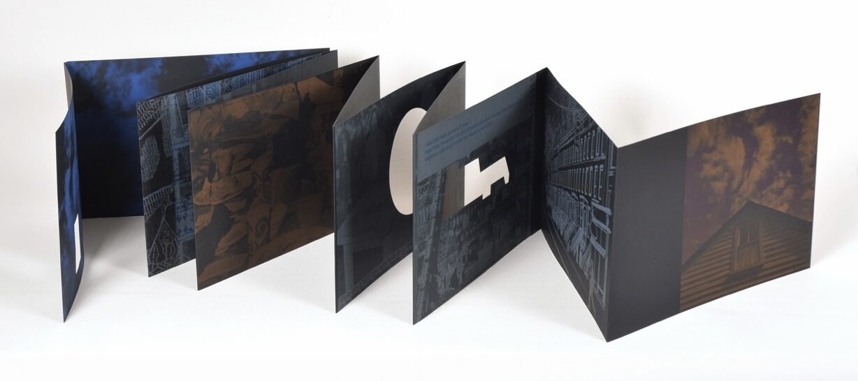 Accordion book made of black paper and including brown and blue images based on archival photographs of houses and Black community members in New Haven, Connecticut. Two pages at the center of the book have cut outs that allow the viewer to peer through to other pages.