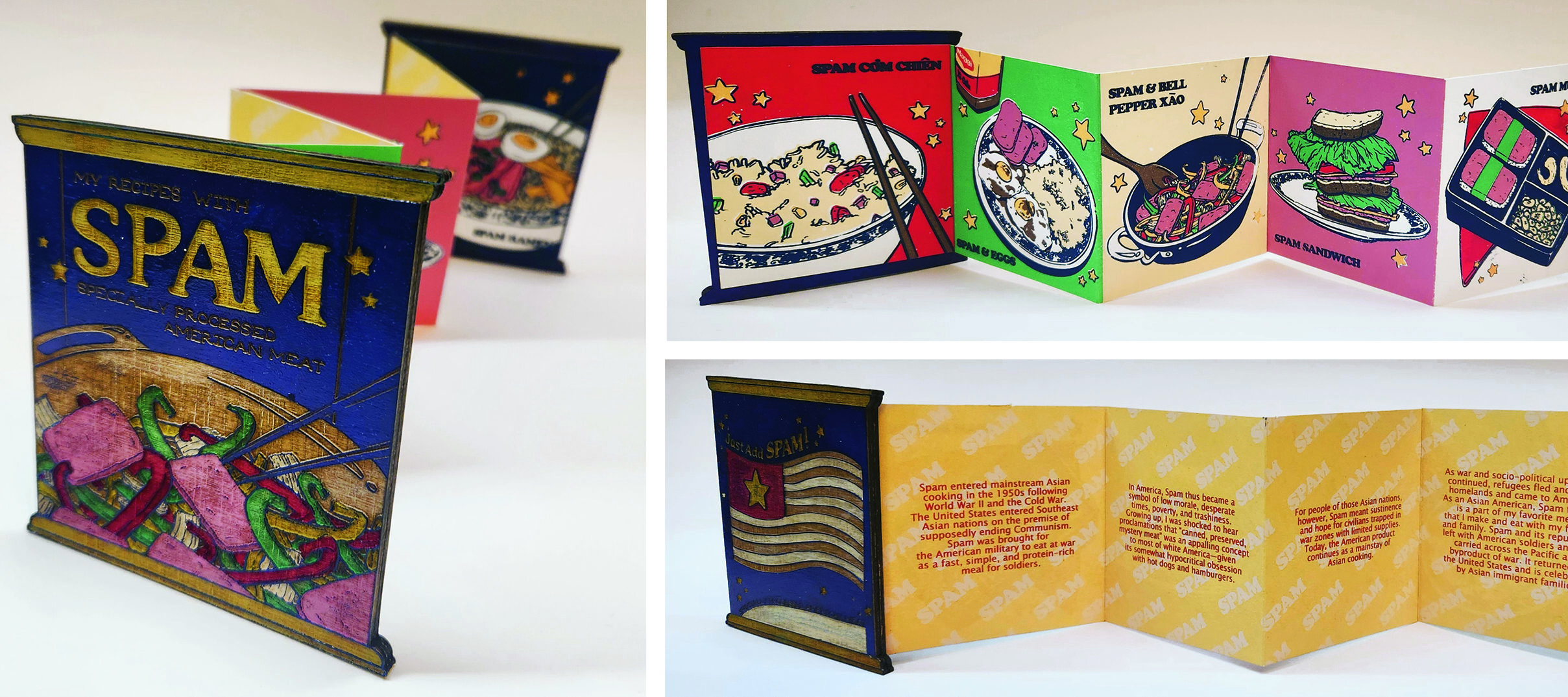 Accordion-style illustrated book titled "Specially Processed American Meat" featuring a SPAM can cover, colorful food-themed drawings on one side, and yellow text pages on the reverse, displayed in both folded and unfolded views.