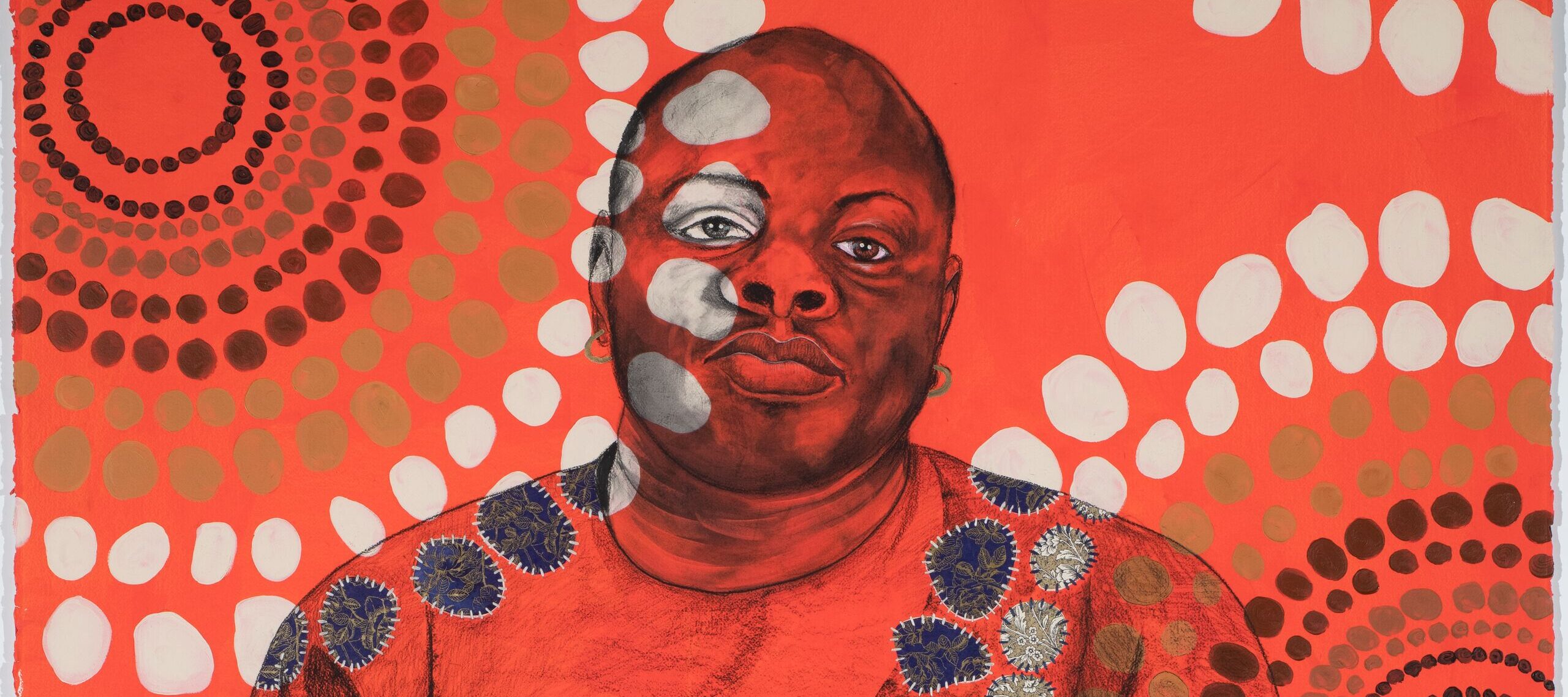 In this mixed-media painting, awash in bright orange, a seated, heavy-set, dark-skinned man stares confidently at the viewer. An overlaid pattern of white, blue, and brown circles covers him and the background.