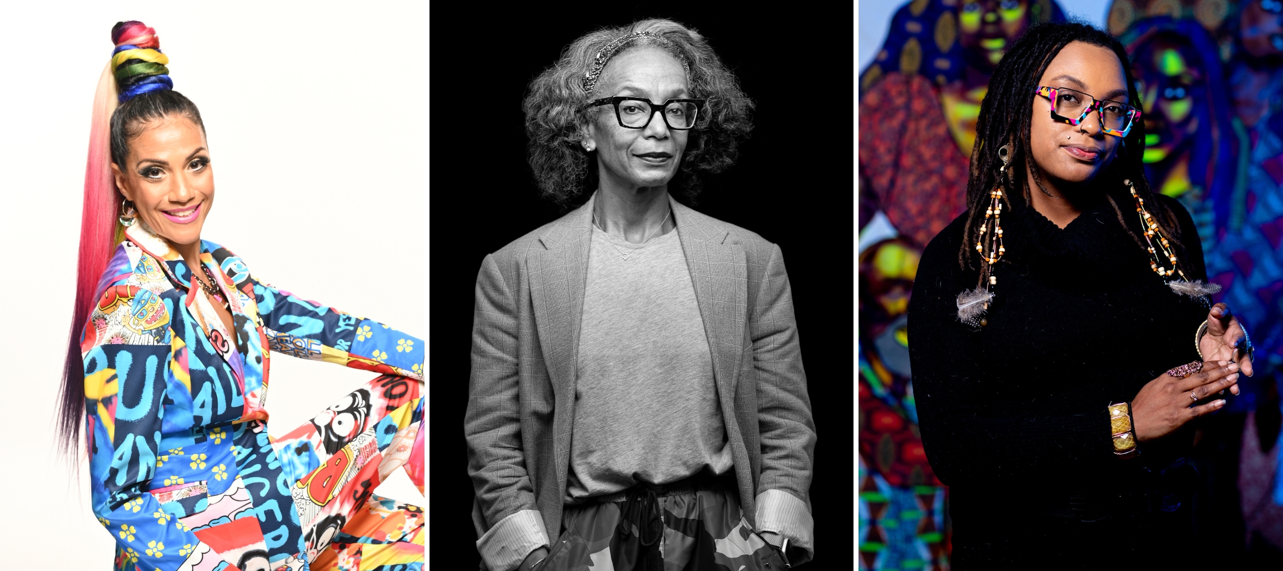 Three individuals are pictured in a split-frame image. The person on the left who has medium-light skin tone wears a multi-colored multi-print jacket. The photograph in the middle is black-and-white of a woman with medium skin tone, a jacket, and glasses on and her hands in her pants pockets. The woman on the right, who has medium-dark skin tone, wears a black shirt, with has multi-colored glasses, stands in front of a colorful work of art.