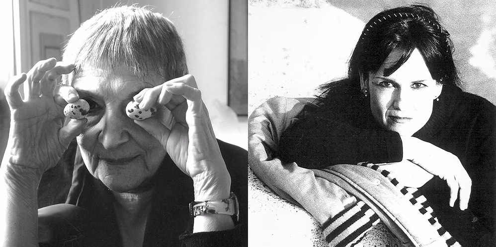 A black-and-white photo split in two: on the left, an older person holds objects to their eyes and smiles; on the right, a younger person leans forward, resting their arms on a patterned surface.