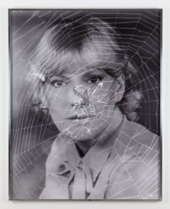 A black-and-white portrait photograph of a woman with light skin tone and light hair is overlaid with the image of a spiderweb. The web’s lines cross over her face and upper body as she gazes directly at the camera.