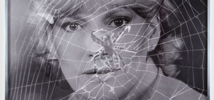 A black-and-white portrait photograph of a woman with light skin tone and light hair is overlaid with the image of a spiderweb. The web’s lines cross over her face and upper body as she gazes directly at the camera.
