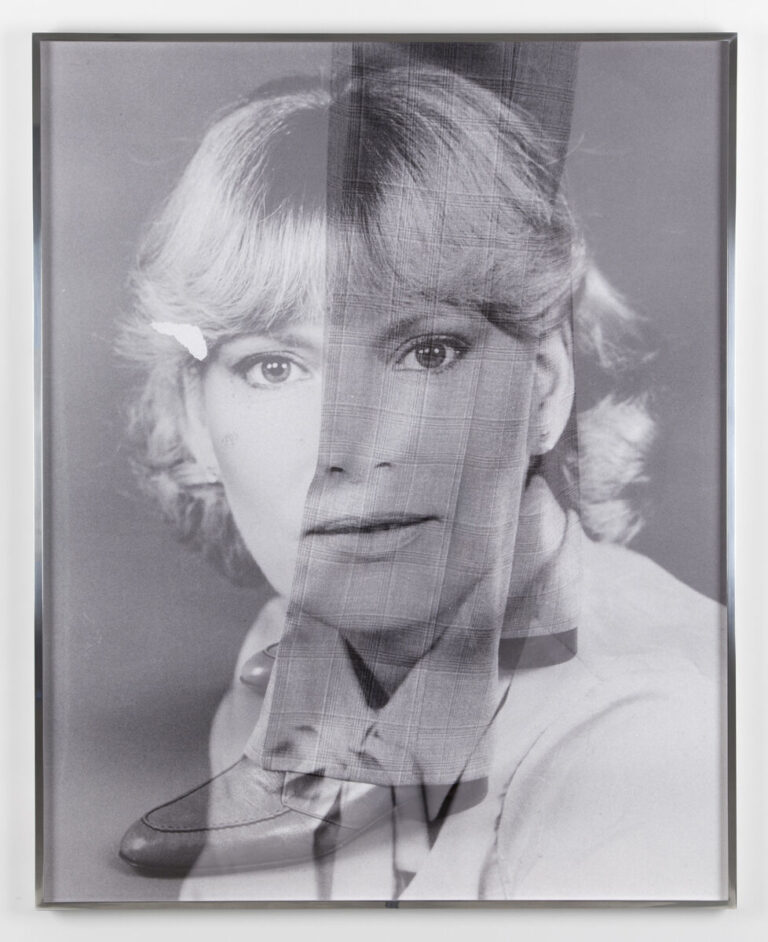 A black and white bust-length image of a woman with light complexion and blond hair over which is superimposed a pair of legs wearing plaid pants and shiny leather shoes.
