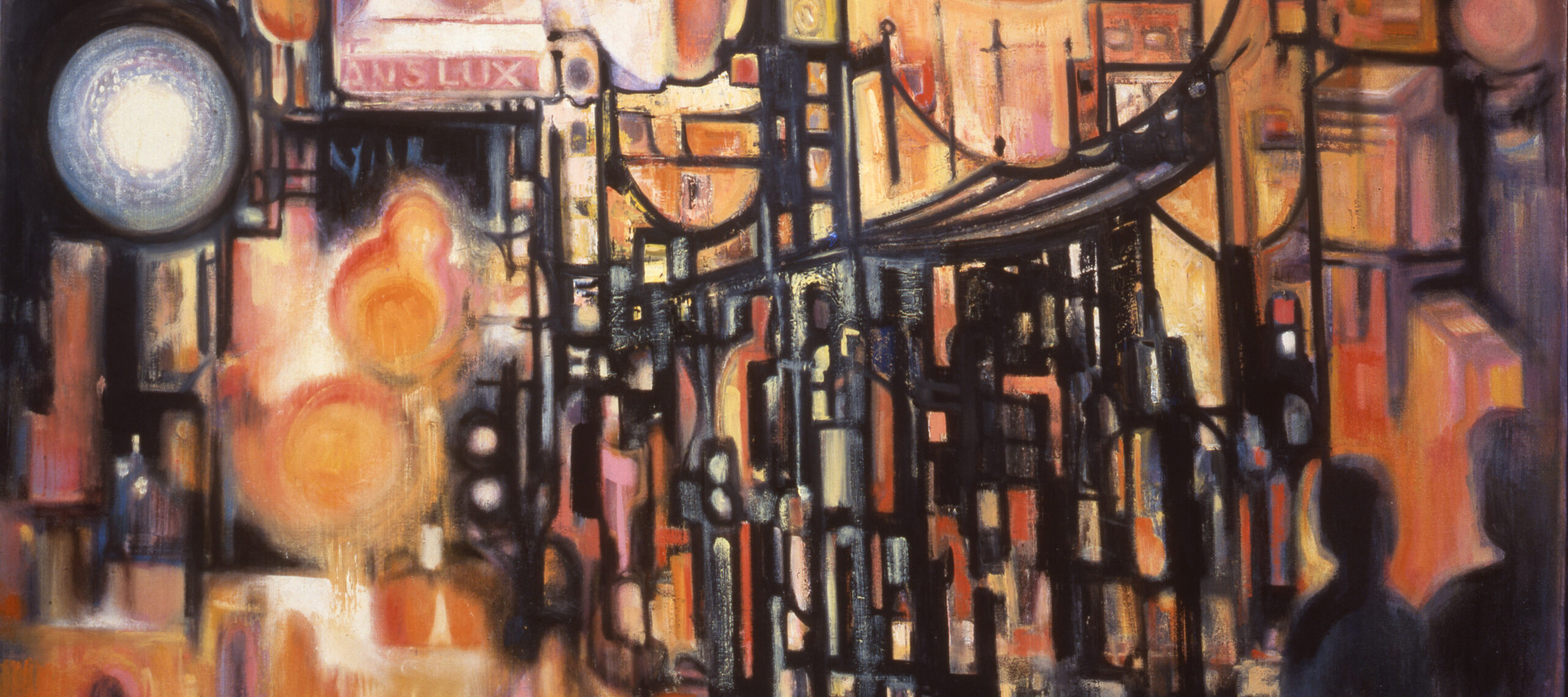 Heavy black lines along with circles and ovals rendered in hot hues of orange and yellow evoke urban architecture and the glare of streetlights in an abstract painting. Two shadowy figures occupy the lower right, and legible signs include “Translux,” “St. H NW,” and “Casino.”