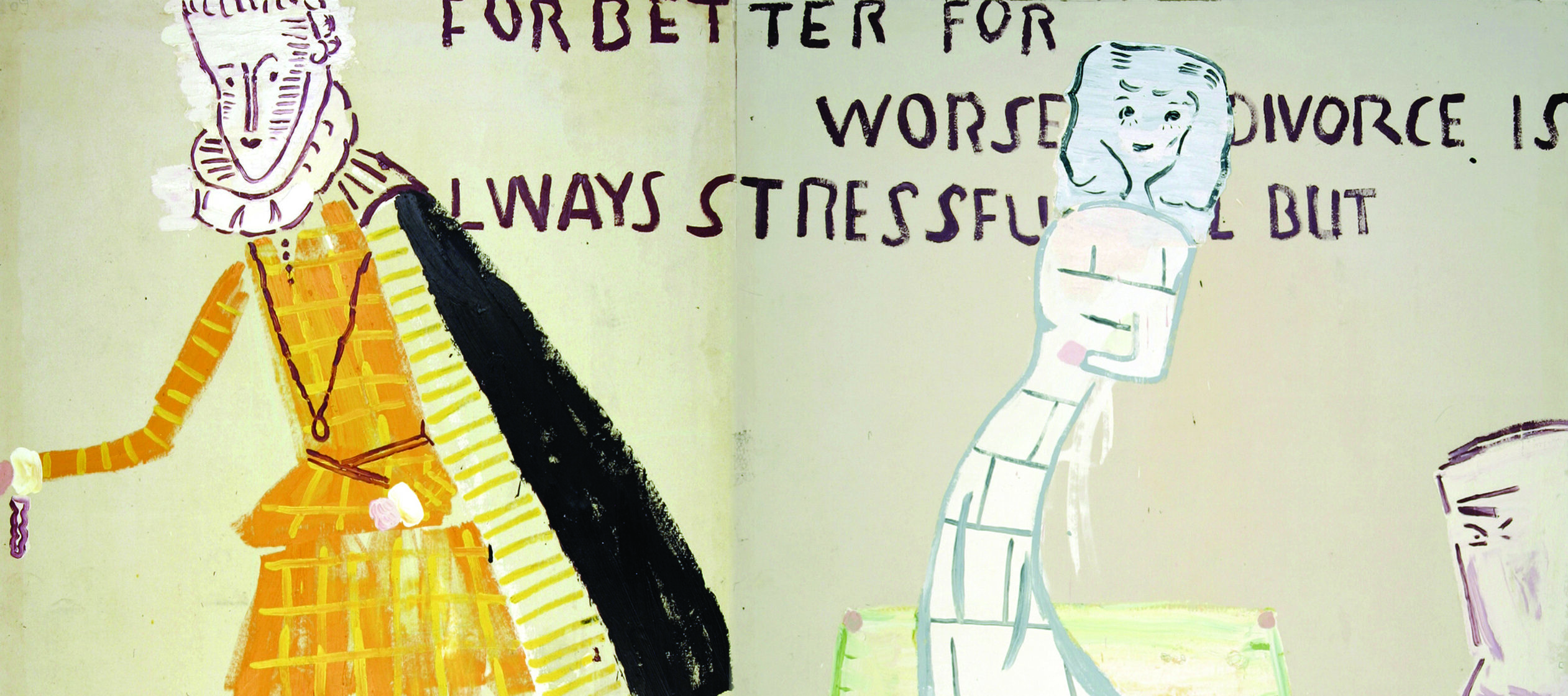 A man, modeled after Philip IV of Spain, wears a black cape and gold garments and stands facing away from a bride atop a wedding cake.They are painted in a cartoonish style. Behind them, capitalized text reads, “for better for worse divorce is always stressful but.” A disembodied head peeks in profile on the lower right side.