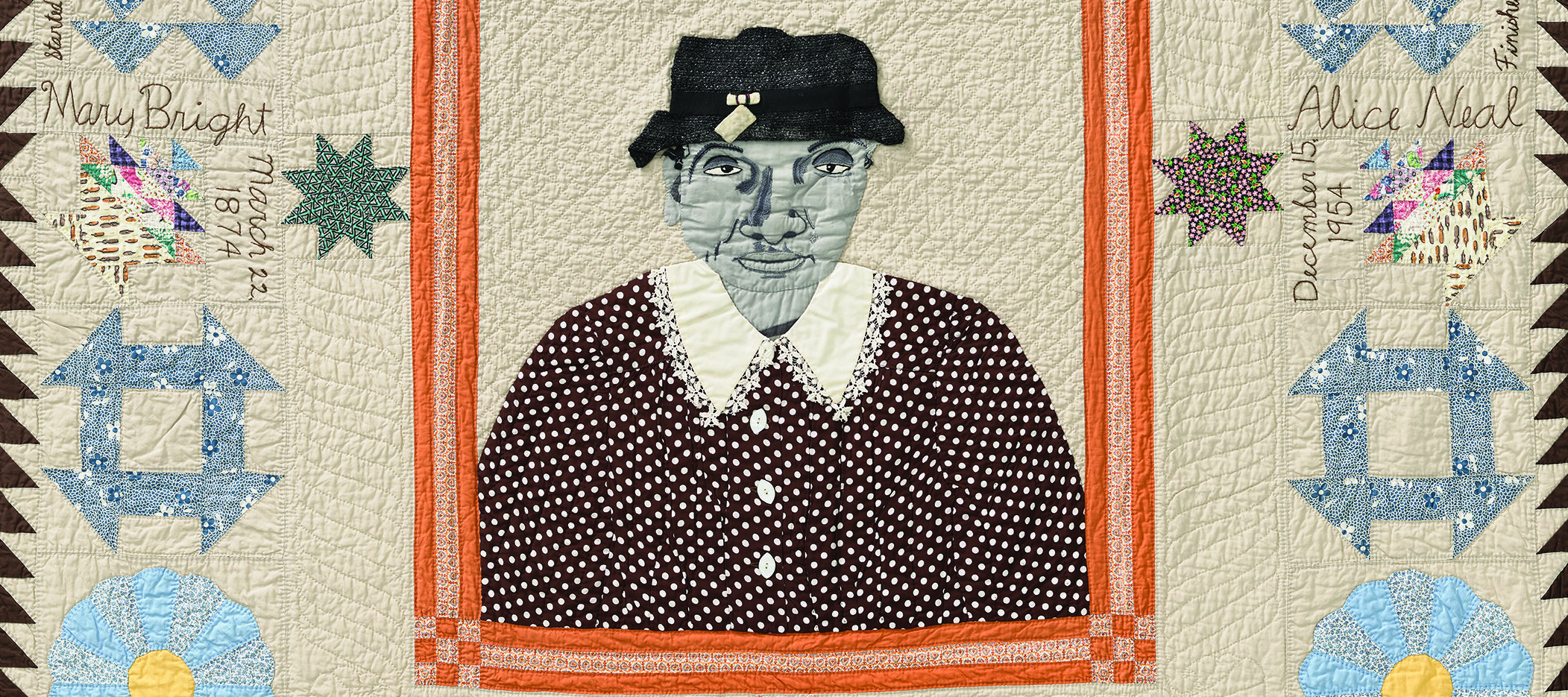 A central embroidered and collaged fabric portrait shows a gray-complexioned woman in a brown-and-white polka dot dress and black hat. The portrait is surrounded by various traditional quilt blocks on a beige surface.