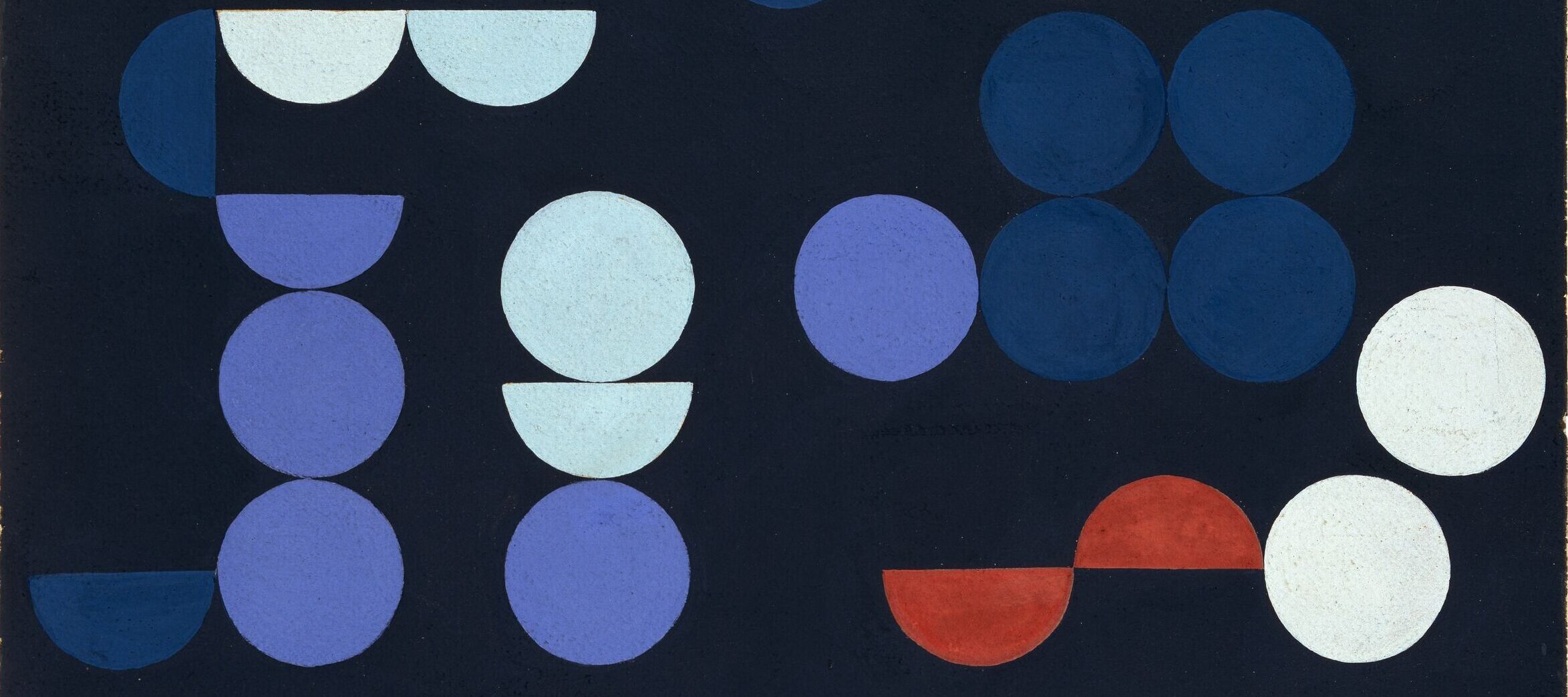An abstract painting features a mix of similarly sized circles and semicircles in white, red, and multiple shades of blue placed against a dark background.