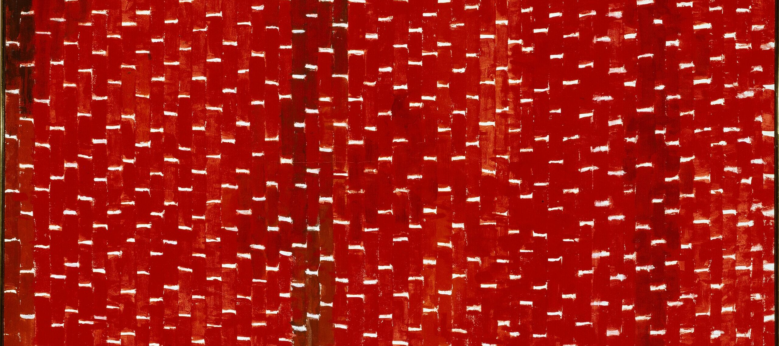 Painting features vertical tile-shaped brushstrokes in various shades of red separated by horizontal white lines. Creating a rhythmic and mosaic-like pattern that resembles stitching, the white lines create stair steps in the lower right corner, separating as they move towards the center.