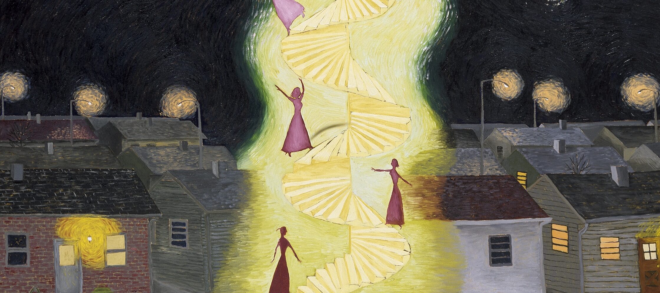 Set against a black, starry nighttime sky above a group of houses, a glowing spiral staircase ascends through the center of the painting. A tiny female figures climbs the staircase, transforming as she goes, her raised arms transform into wings as she finally flies off above the town.
