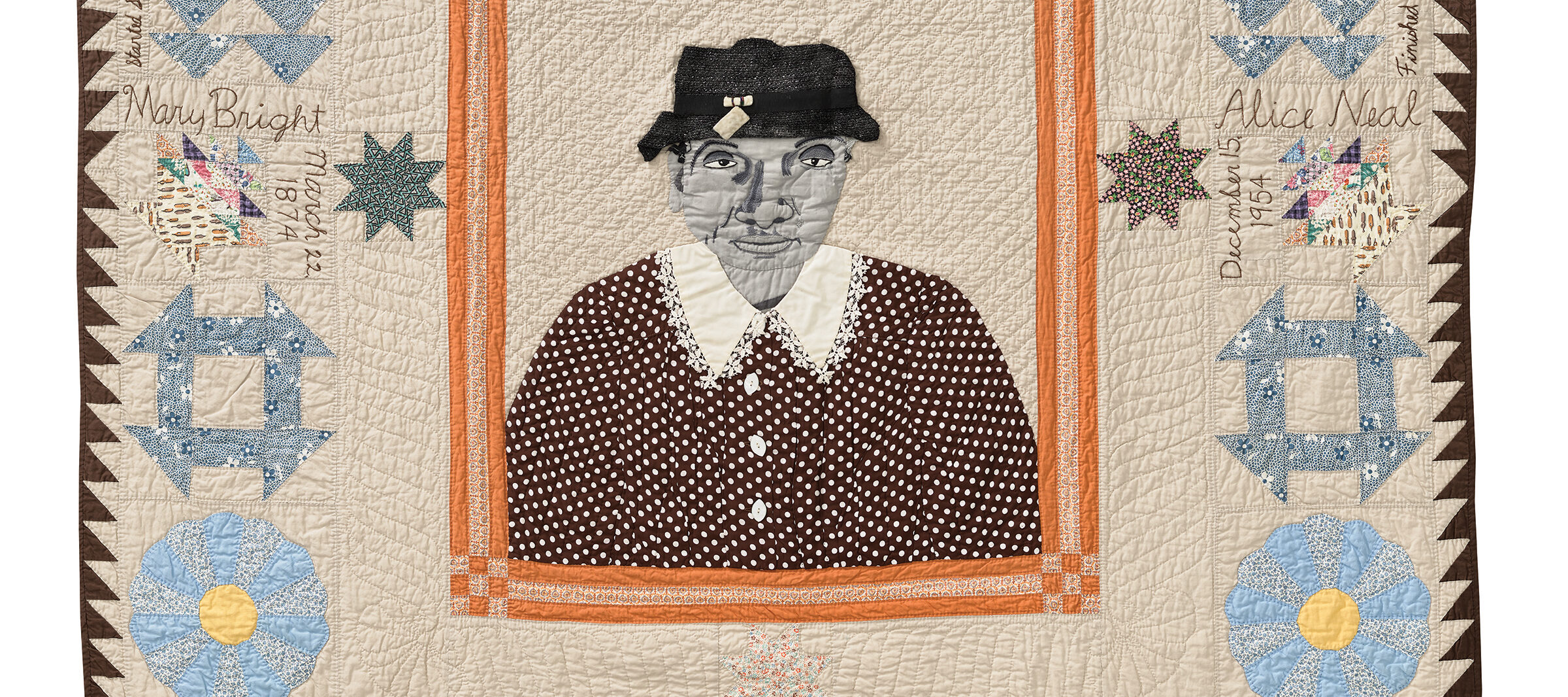 A central embroidered and collaged fabric portrait shows a gray-complexioned woman in a brown-and-white polka dot dress and black hat. The portrait is surrounded by various traditional quilt blocks on a beige surface.